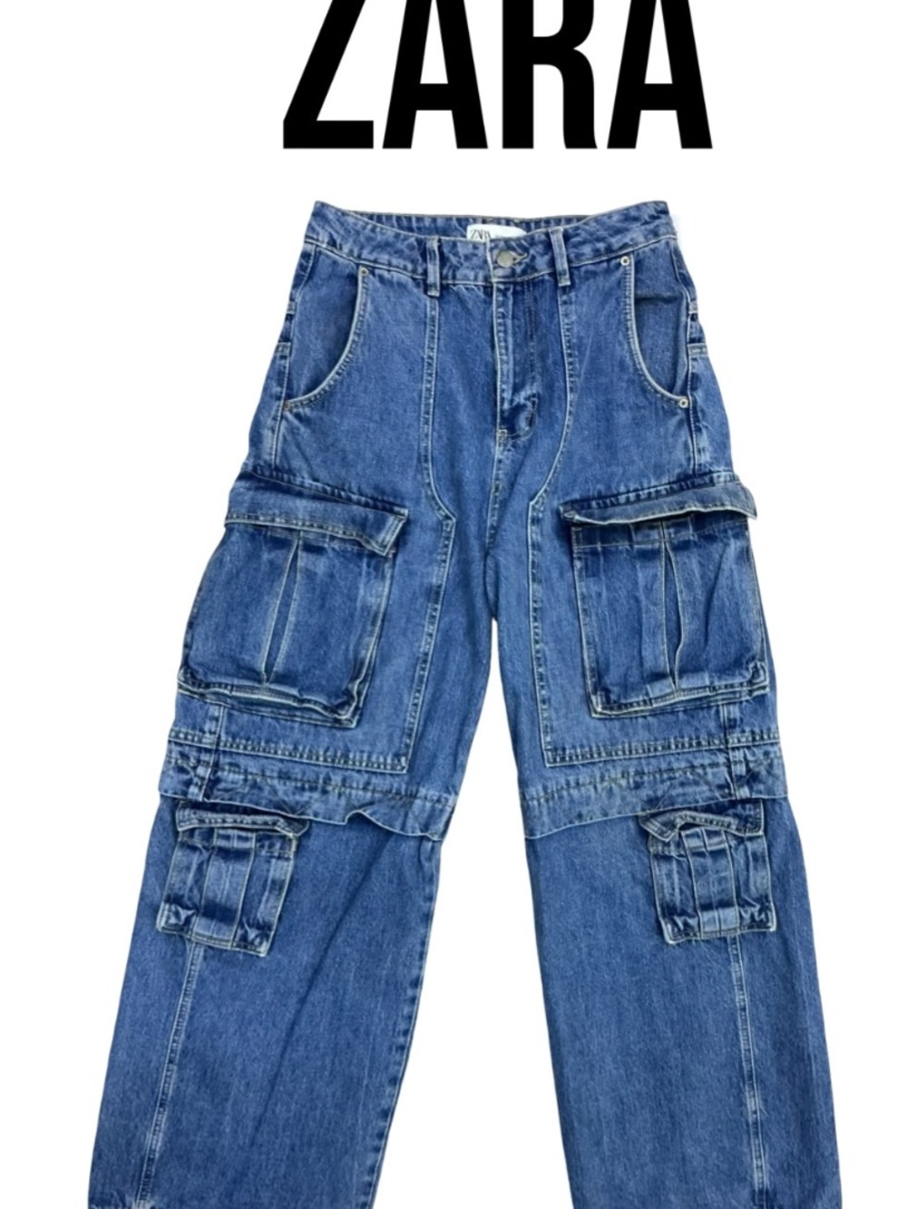 ZARA Women's Blue Relaxed Cargo Denim Jeans